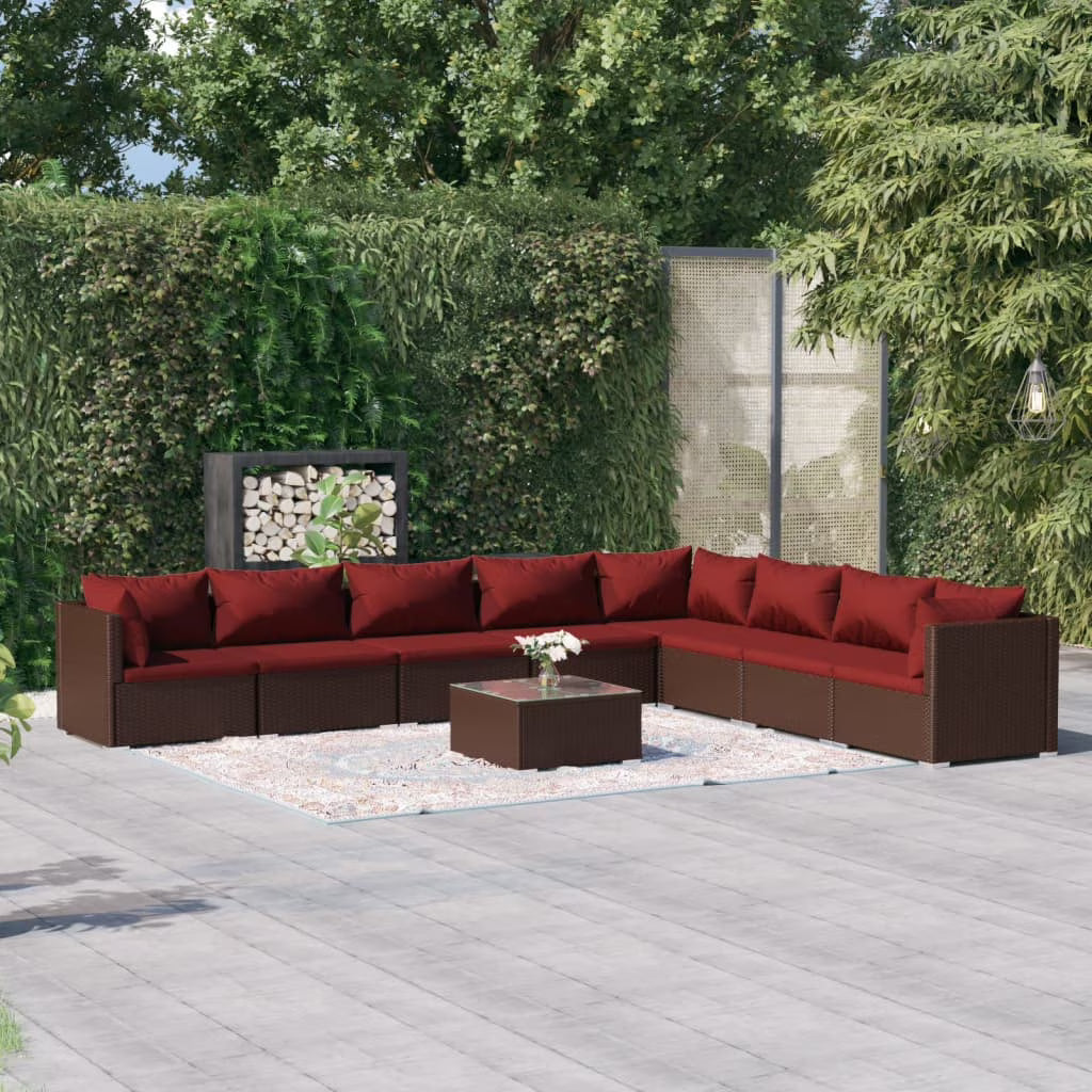 9 Piece Patio Set with Cushions Poly Rattan Brown M38352
