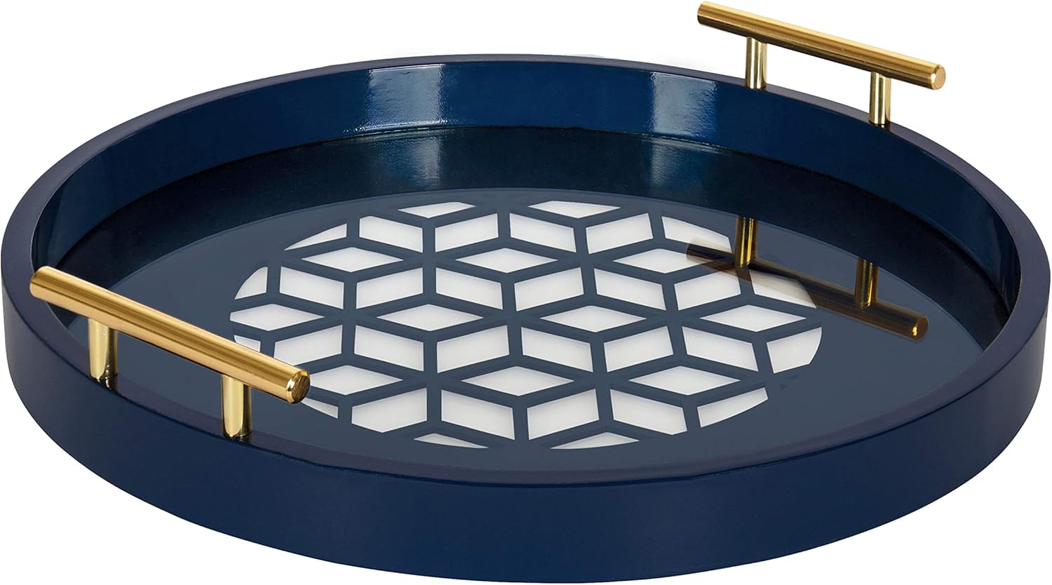 Navy and Gold Round Decorative Tray with Metal Handles, 15.5, Pack of 2 C7126