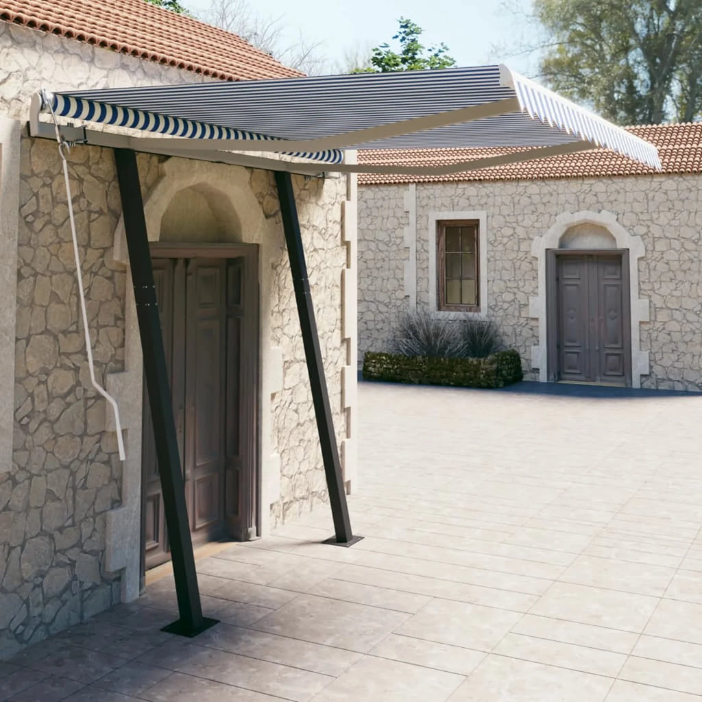 Manual Retractable Awning with Posts 9.8'x8.2' Blue and White O68485