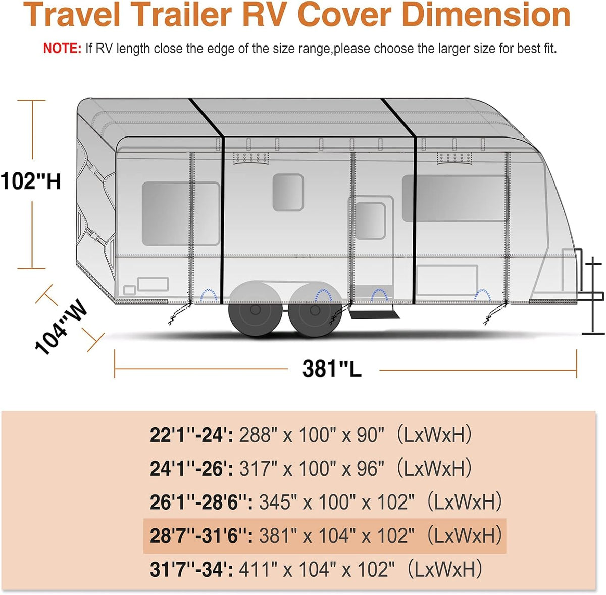 RV Cover for 28'7"-31'6" with 4 Gutter Spout Covers Tongue Jack Cover W764