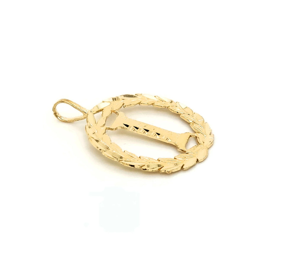 14K Yellow Gold Round Wreath Initial Letter Pendant with 22" Chain Necklace V216
