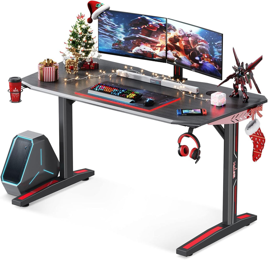 Black Carbon Fiber 47 Inch Gaming Desk with Cup Holder Rack and Headphone Hook V381