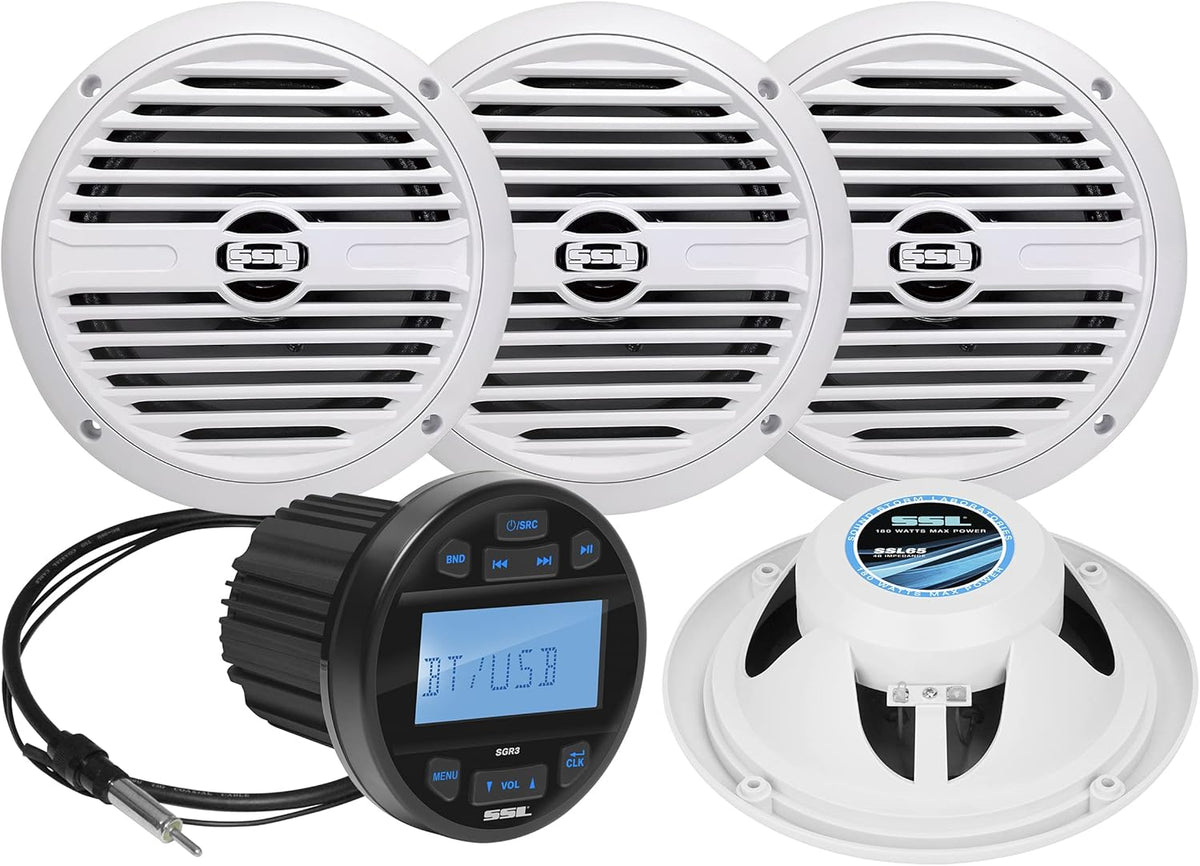 Weatherproof Marine Gauge Receiver and Speaker Package, Bluetooth, USB, AM/FM Tuner, 6.5 Inch 2-Way Speakers x 4 K886