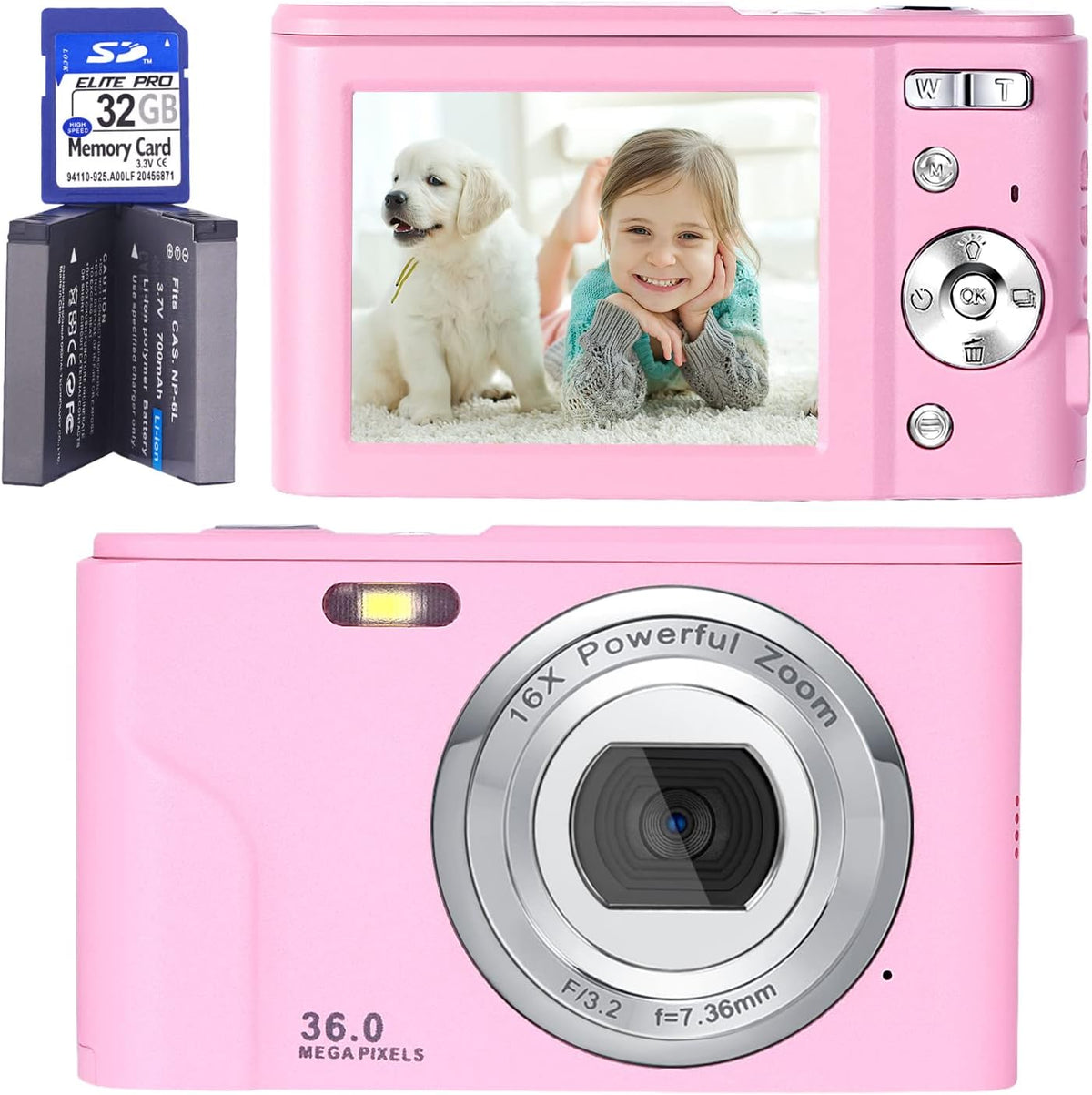 FHD 1080P 36.0 MP Kids Digital Camera with 32G SD Card, 16X Digital Zoom, Pack of 2 T7404