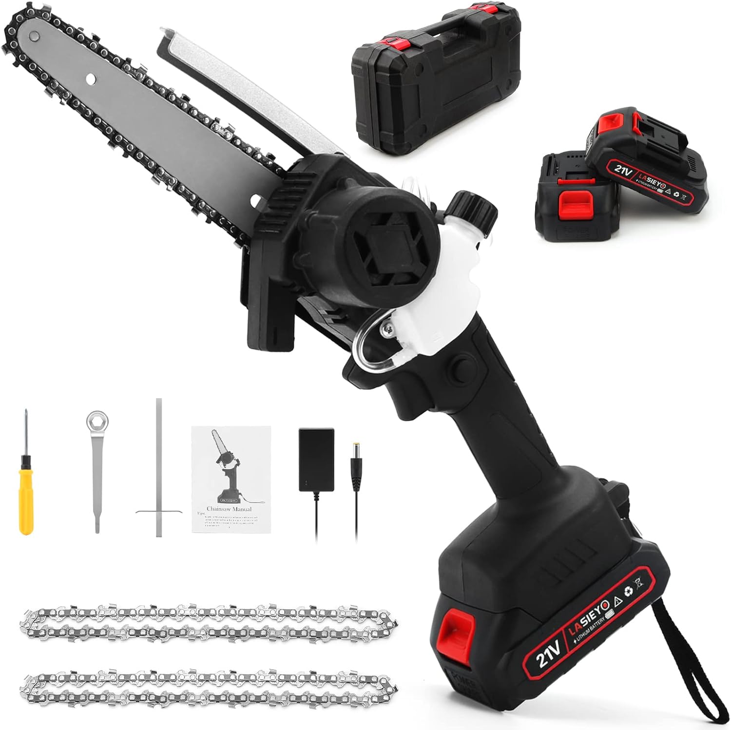 Cordless 6 Inch Brushless Mini Chainsaw with Oil System, 2Pcs 21V 2.0Ah Batteries Y41019