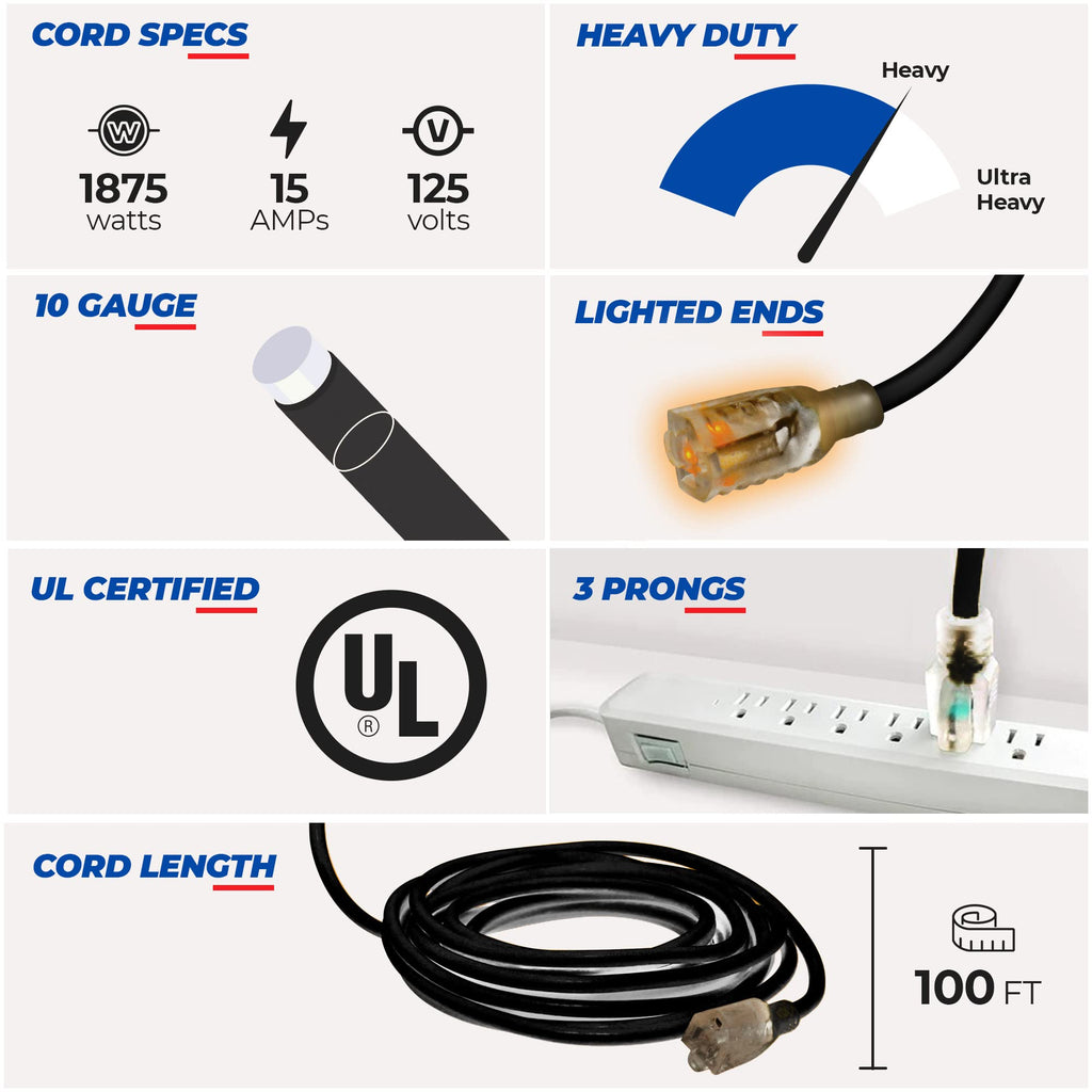 100 ft Heavy Duty 3 Prong Extension Cord with Multiple Outlets, Lighted End, Black Z8910