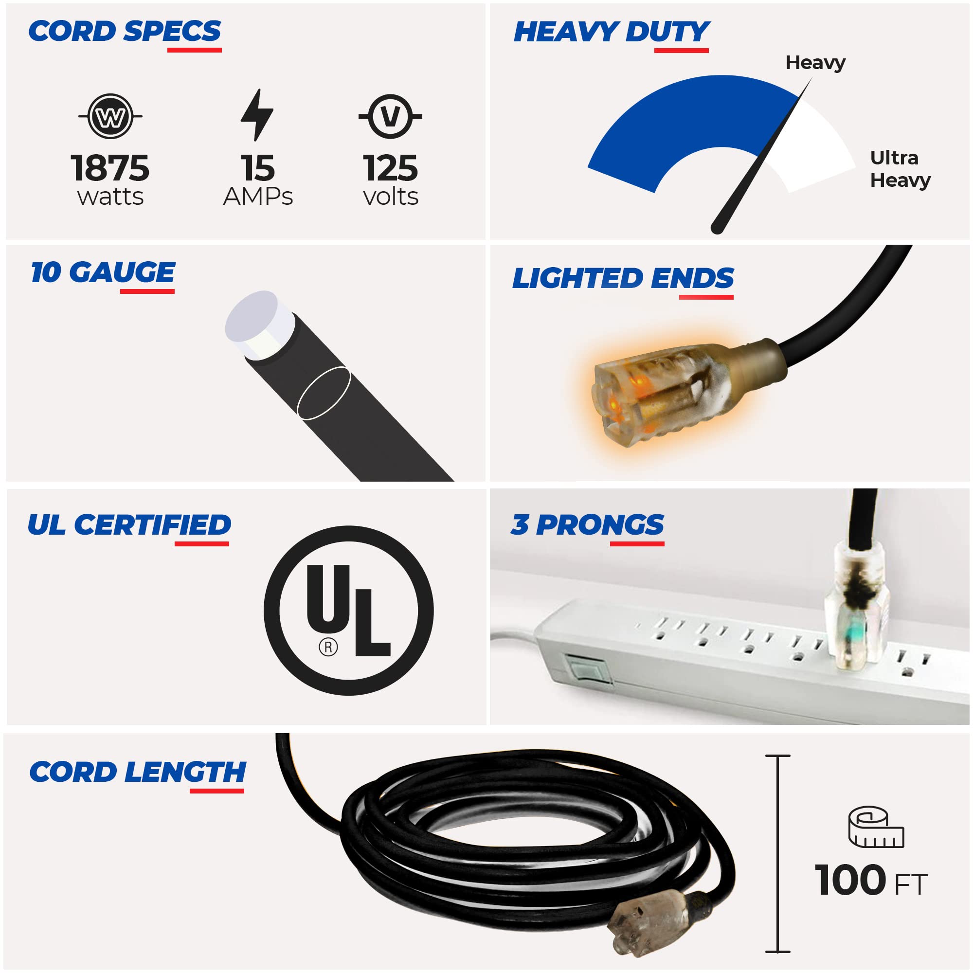 100 ft Heavy Duty 3 Prong Extension Cord with Multiple Outlets, Lighted End, Black Z8910