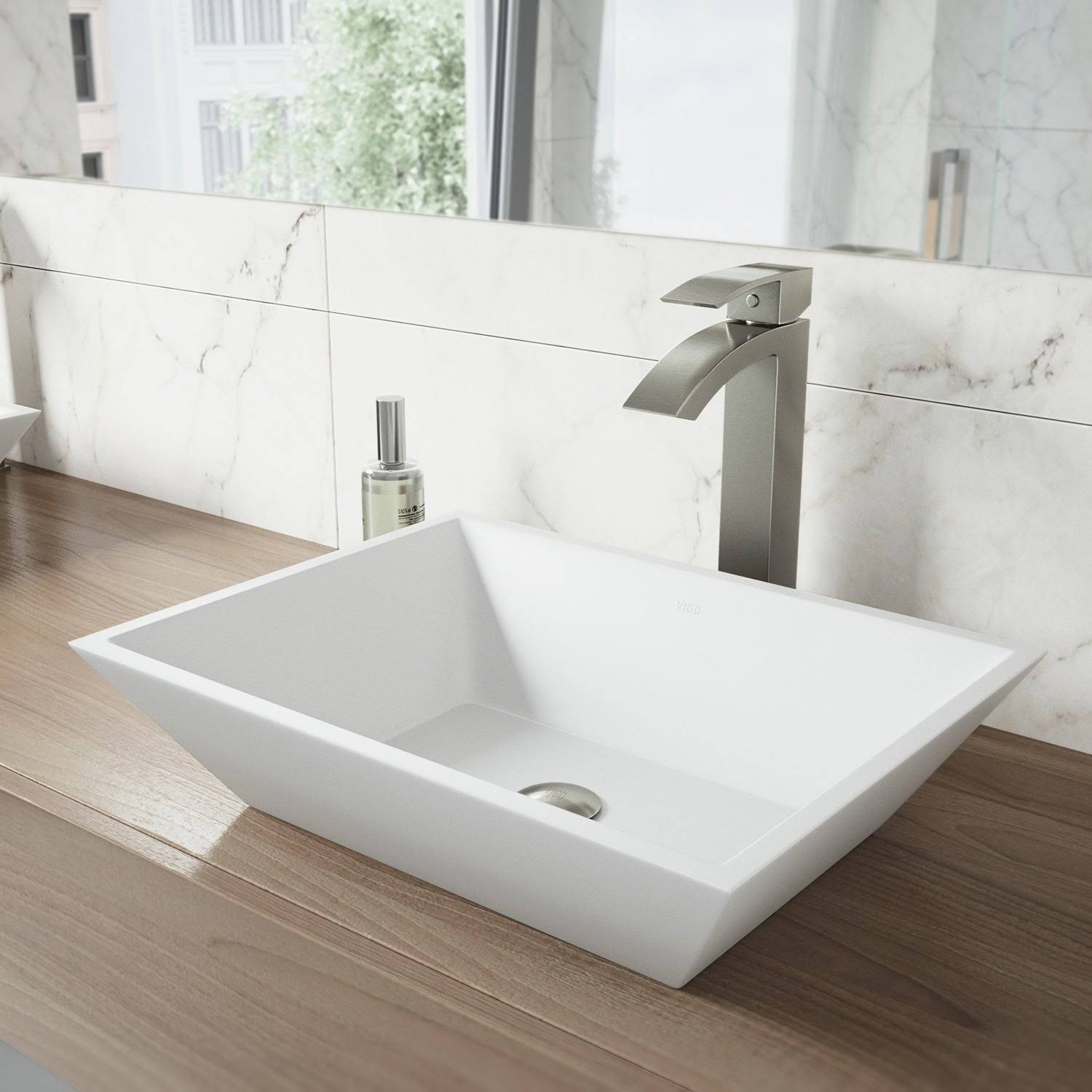 Matte Stone Vessel Bathroom Sink with Brushed Nickel Vessel Faucet K193