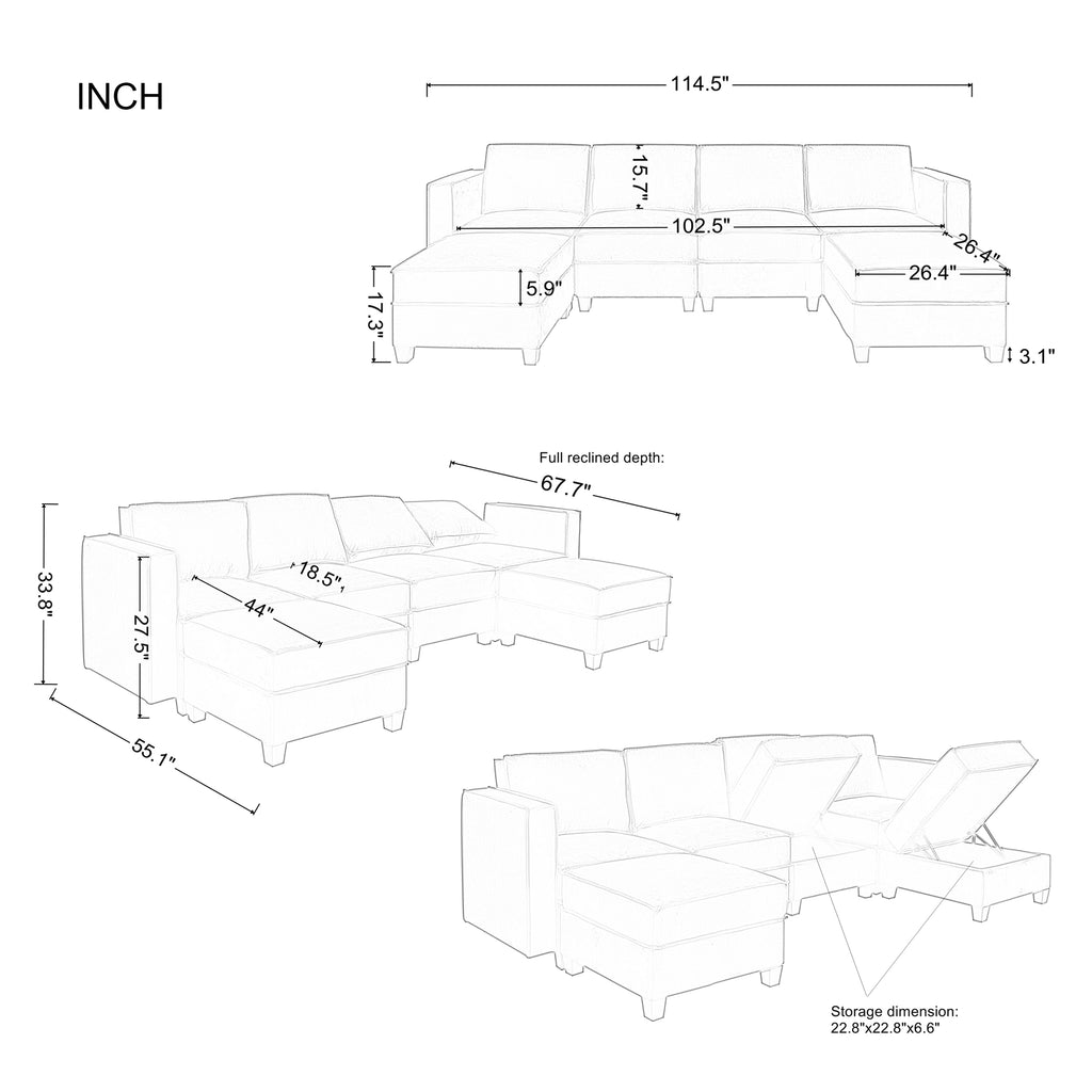 Modern Large Velvet U-Shaped Convertible Sectional Sofa Bed with Removable Storage Ottomans X5589