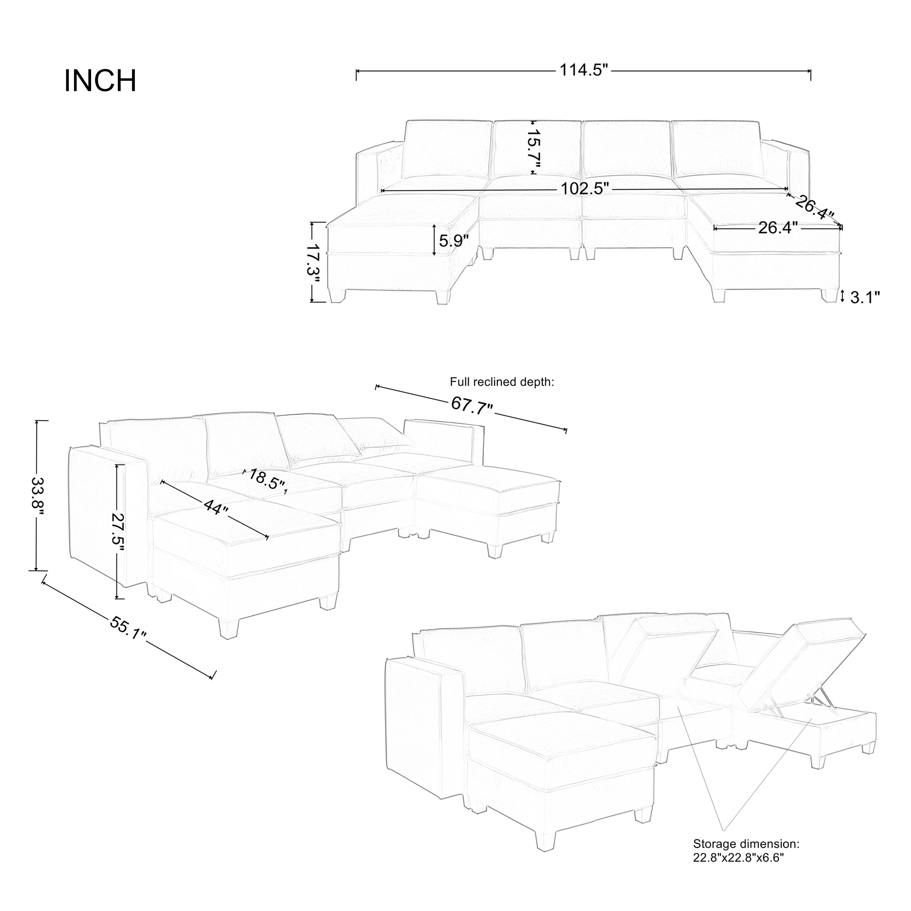 Modern Large Velvet U-Shaped Convertible Sectional Sofa Bed with Removable Storage Ottomans X5589