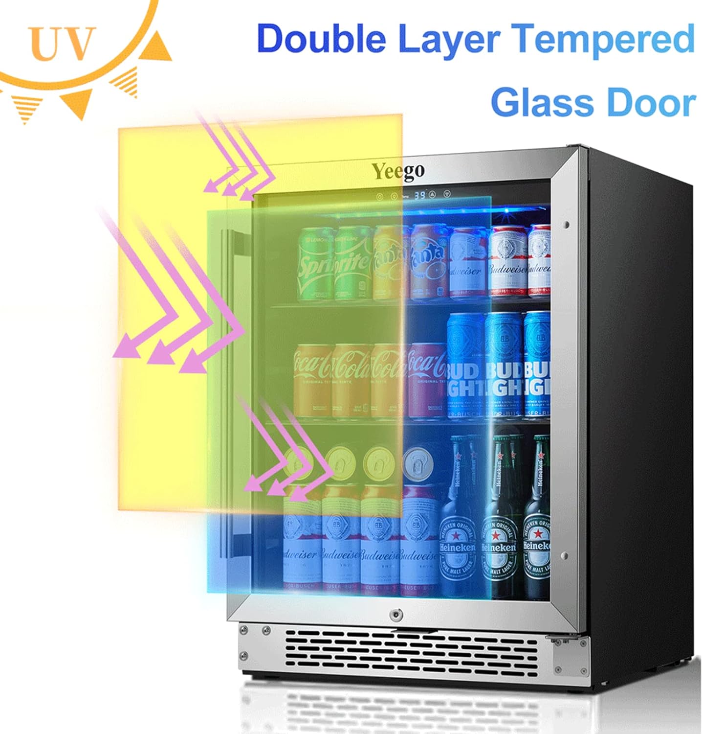 24'' 140 can Stainless Steel Beverage Refrigerator with Reversible Double-Layer Tempered Glass Door J436374