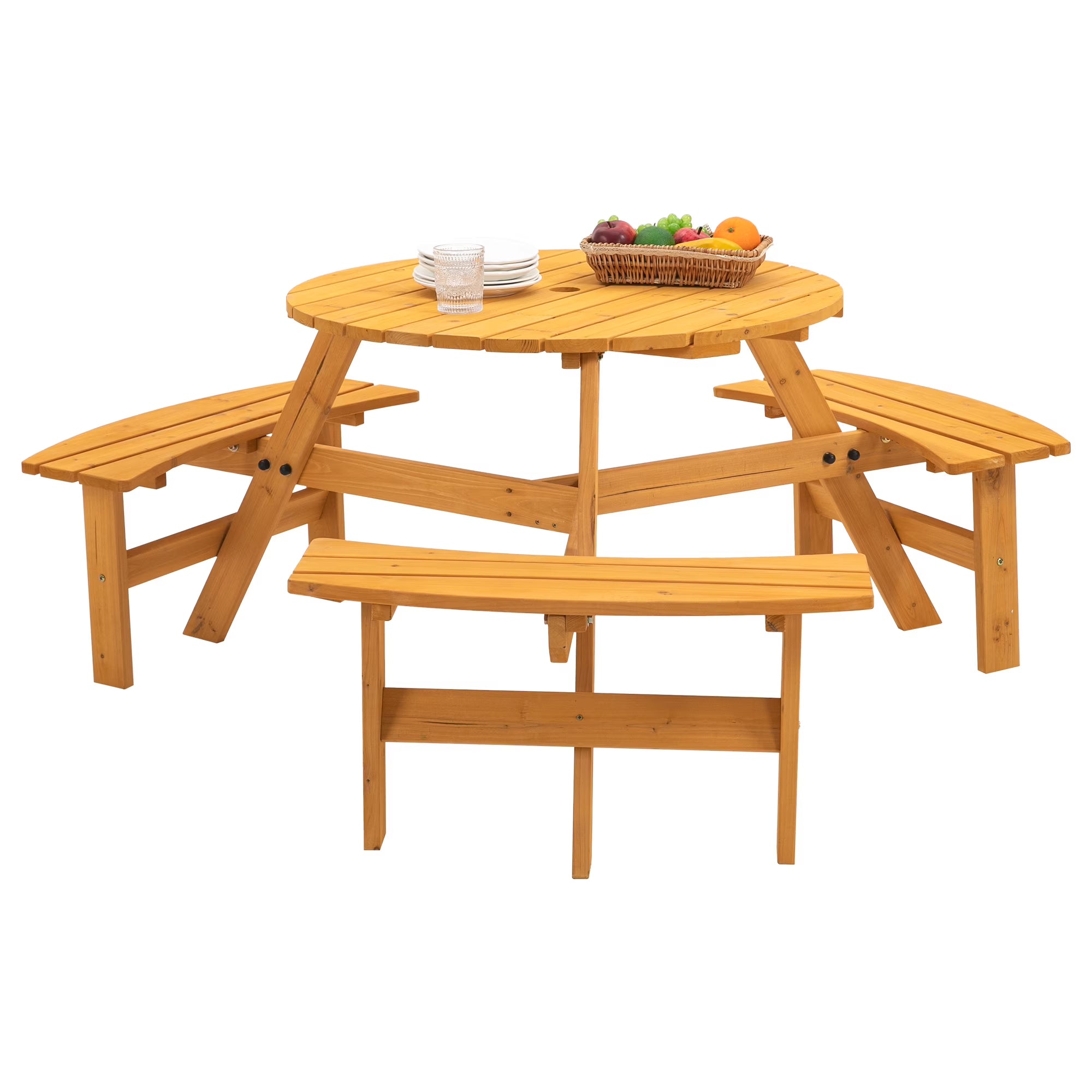 6-Person Outdoor Wooden Picnic Table with 3 Built-in Benches T4076