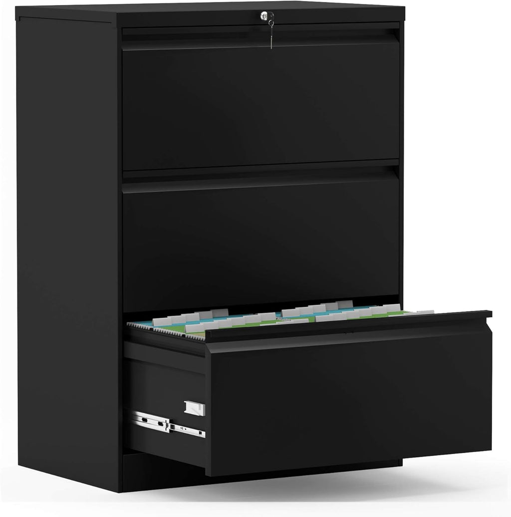 White Metal Steel 3 Drawer Lateral File Cabinet with Lock H13438