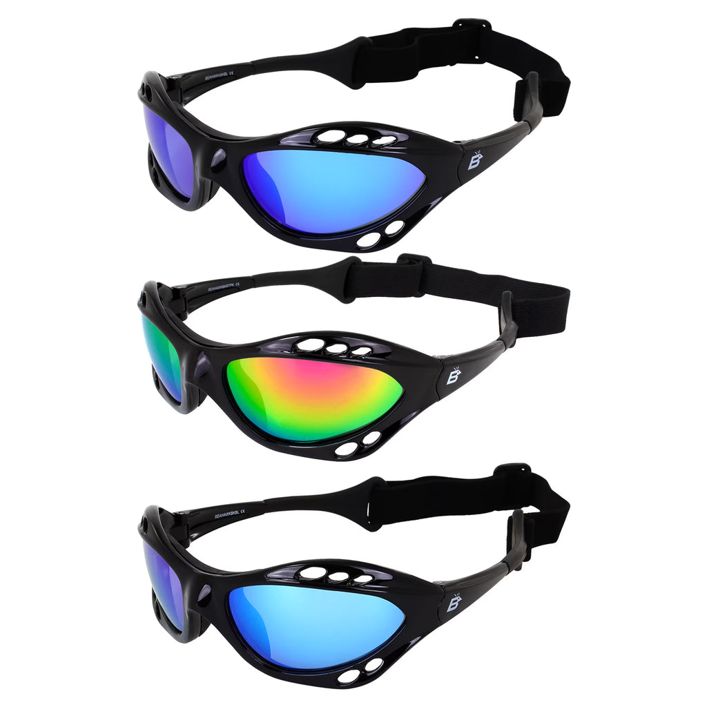 3 Pairs Padded Polarized Sunglasses with Strap Black Frame Blue Pink Green Mirror Lenses M247