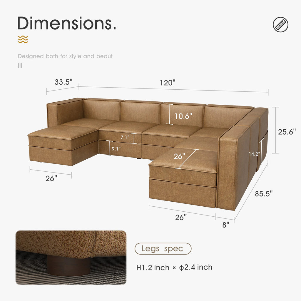 Caramel Brown U Shaped 7 Seaters Convertible Sectional Sofa Couch with Ottoman L61661