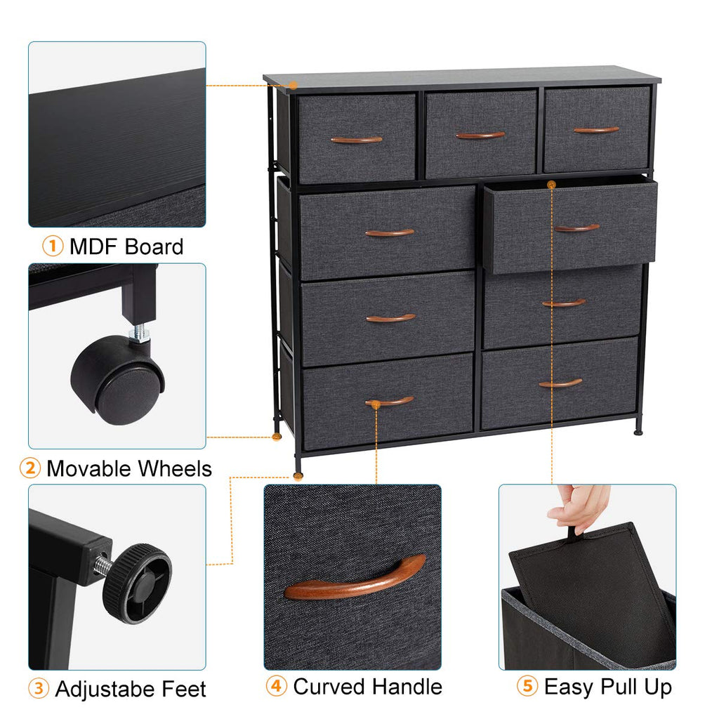 Grey 9 Drawer Fabric Dresser with Steel Frame and Wooden Top Y153