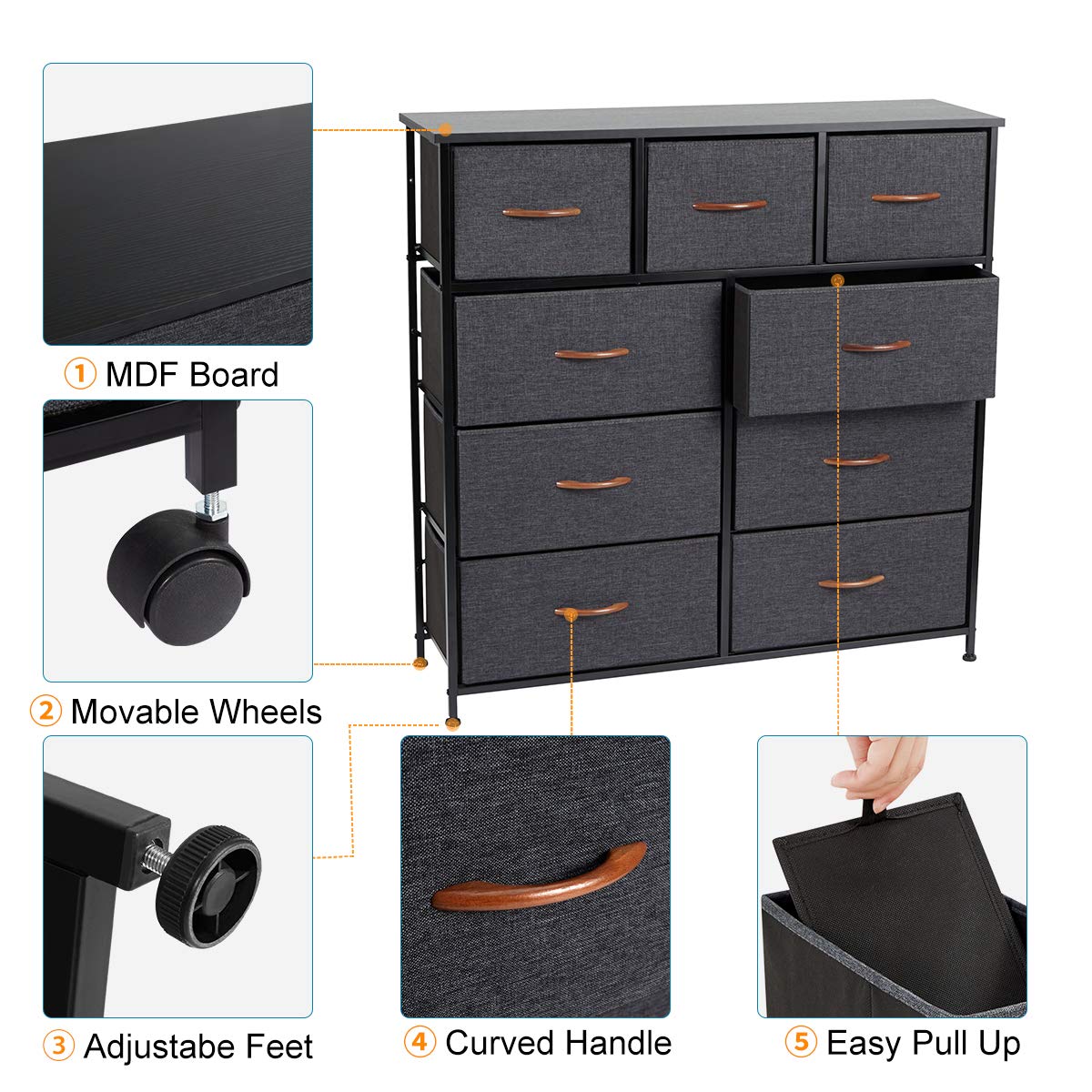 Grey 9 Drawer Fabric Dresser with Steel Frame and Wooden Top Y153