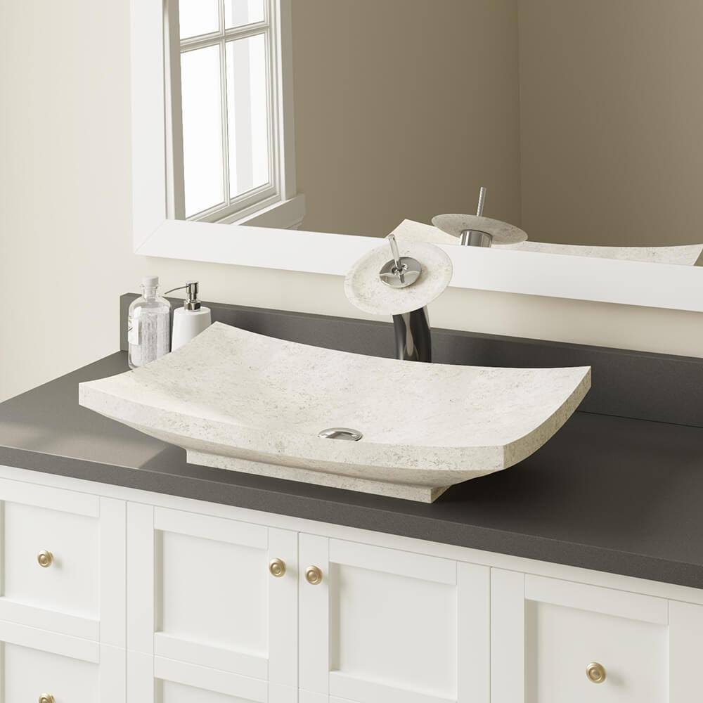 Cream Marble Vessel Sink Ensemble with Chrome Finish Waterfall Faucet B5917
