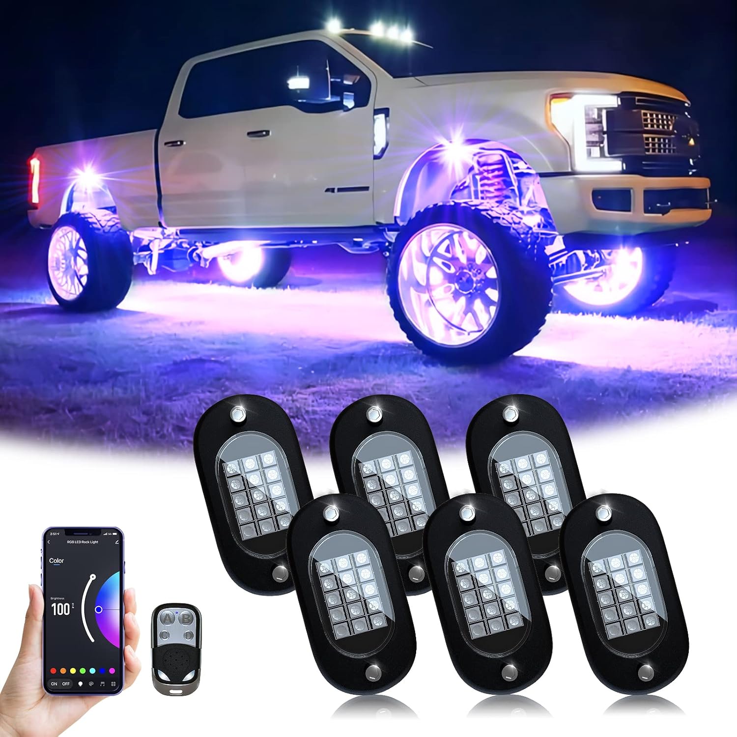 8 Pods RGB LED Rock Lights with APP Control, IP68 Waterproof, Pack of 2 V207903