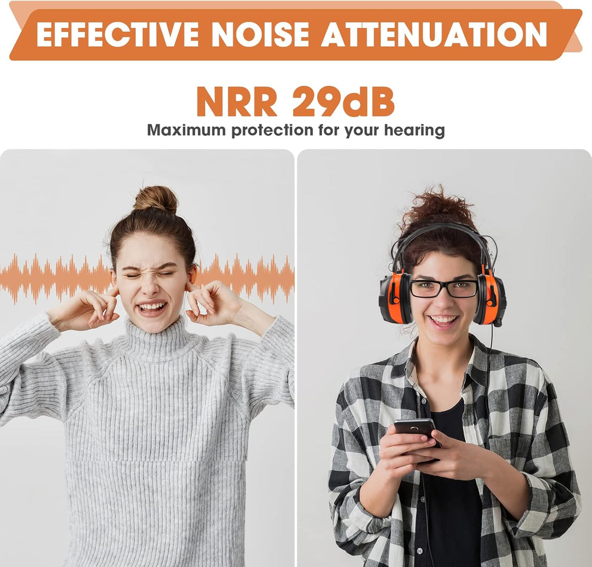 Orange Bluetooth Wireless Noise Cancelling Safety Ear Muffs Headphones I68045