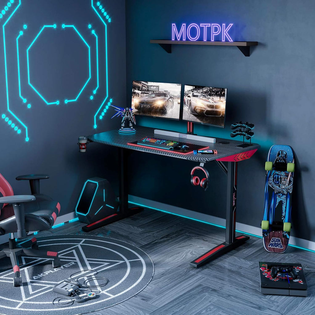 Black Carbon Fiber 47 Inch Gaming Desk with Cup Holder Rack and Headphone Hook V381