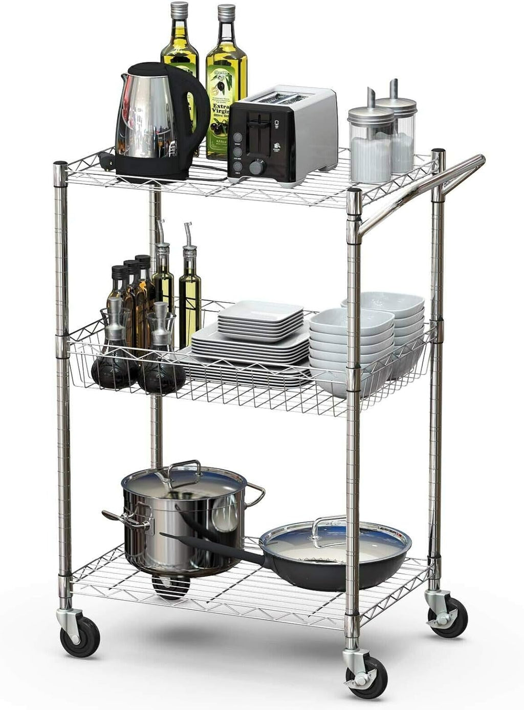 3-Tier Silver Steel Rolling Kitchen Trolley Cart with Storage Shelves O963215