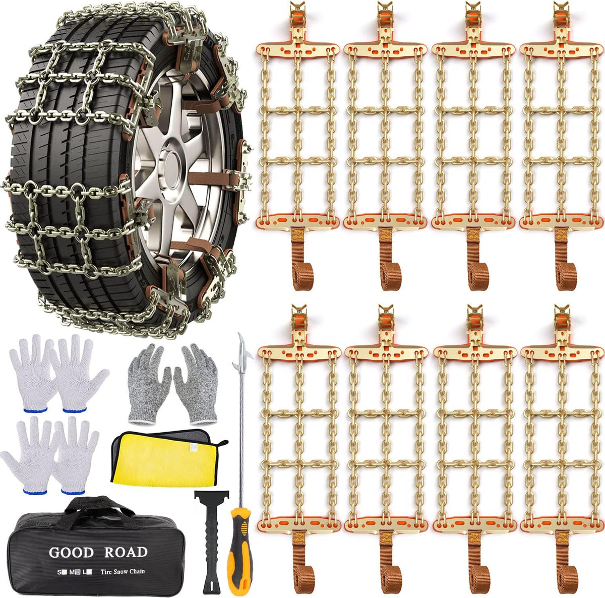 AutoChoice Car Snow Chains Emergency Anti Slip Tire Chains with Thickened Manganese Steel for Truck SUV in Snow, Ice, Sand and Mud(8 Packs, Tire Width 195-235mm) Pack of 2 J668