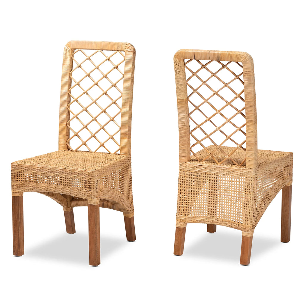 Natural Rattan and Walnut Brown 2-Piece Dining Chair Set I98569