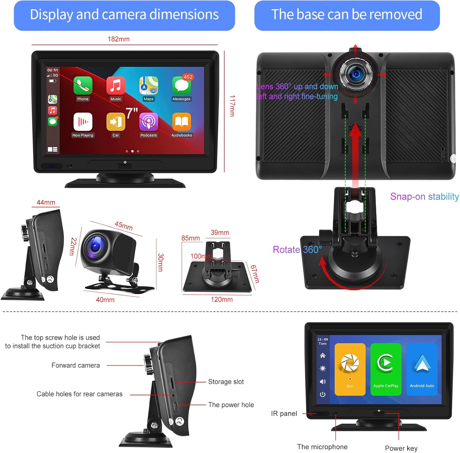 7'' Touchscreen Car Player with Dual Dash Cam, Bluetooth, FM Transmitter U640