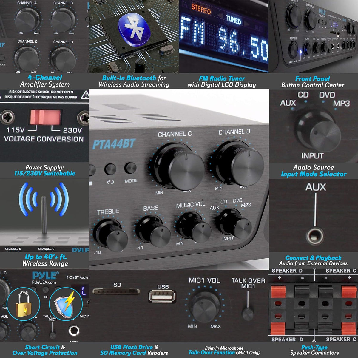 500W 4 Channel Bluetooth Amplifier with FM, USB, Microphone F2837