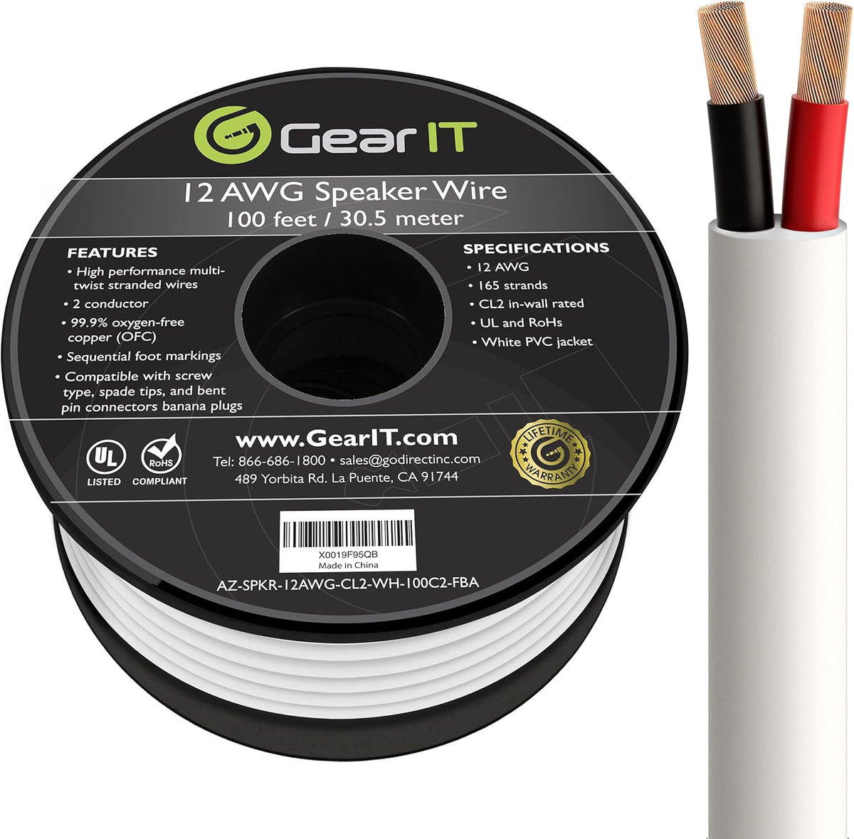 12AWG 100 Feet CL2 Rated 2 Conductor OFC Oxygen-Free Copper Speaker Wire D460