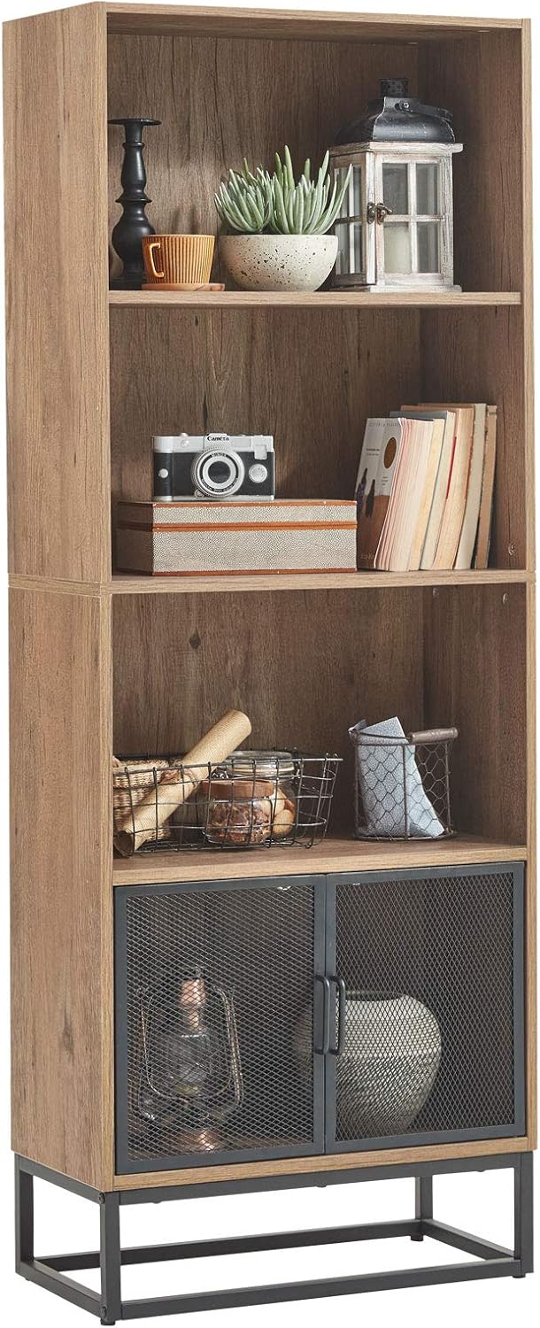 Grey 4-Tier Wood Bookcase with 4 Display Cases B626