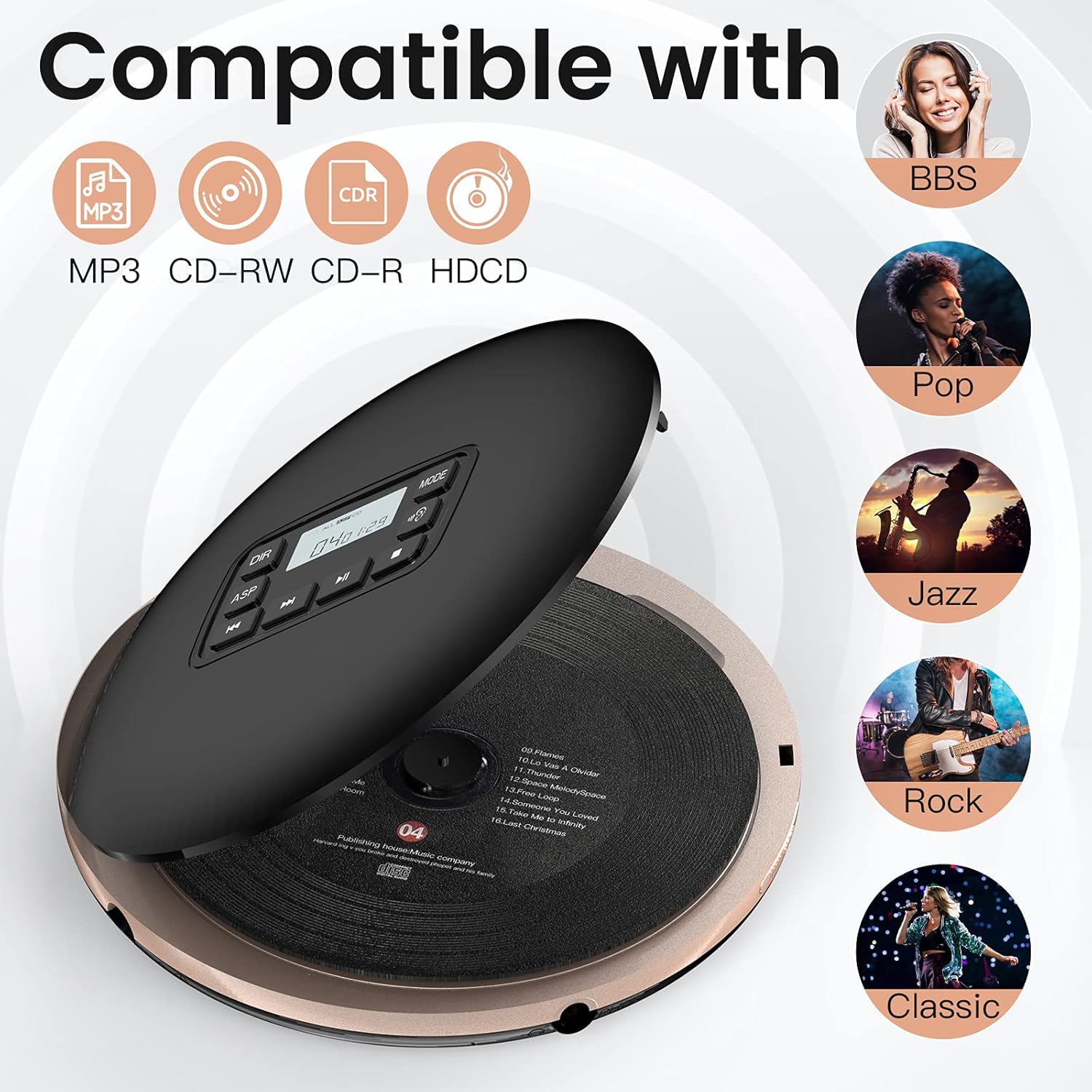 Black Portable CD Player with Headphones USB AUX Output C4363
