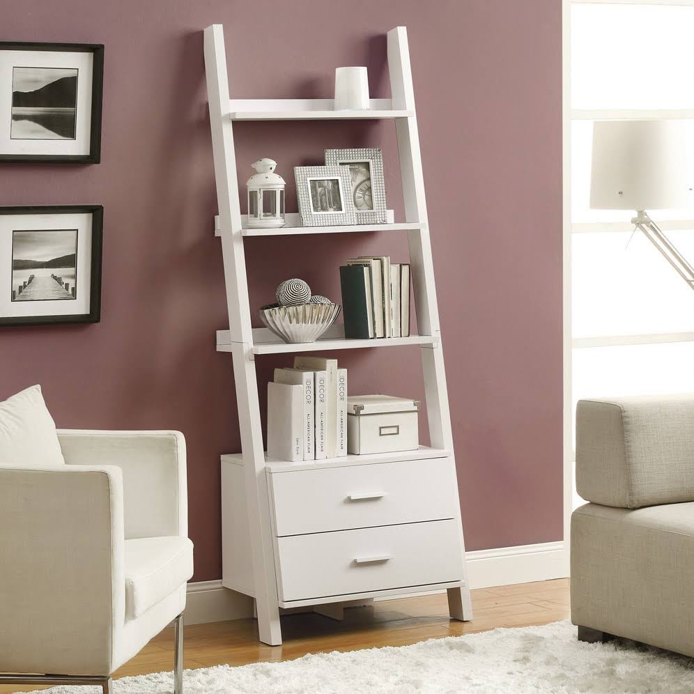 White Ladder Bookcase with Drawers C6580
