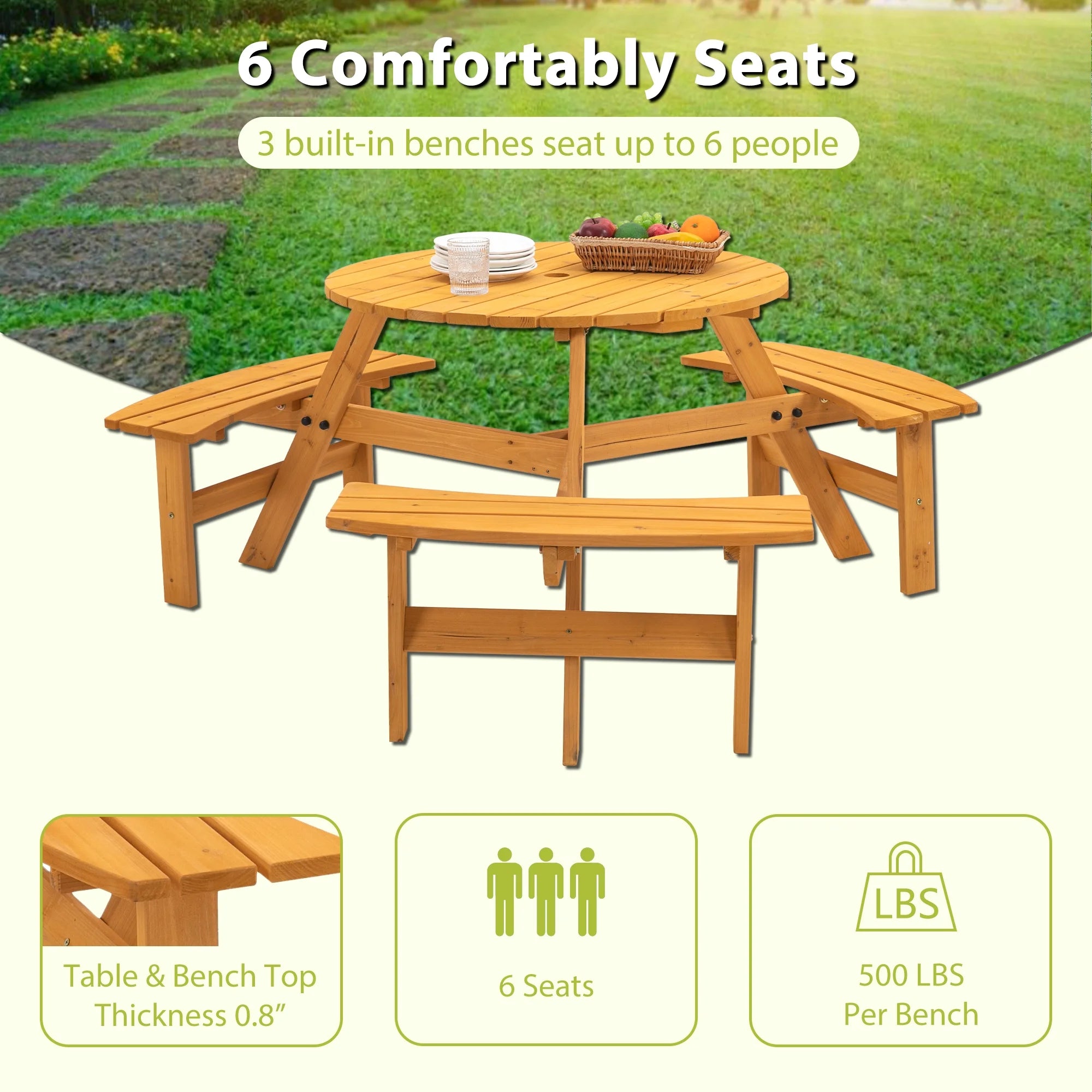 6-Person Outdoor Wooden Picnic Table with 3 Built-in Benches T4076