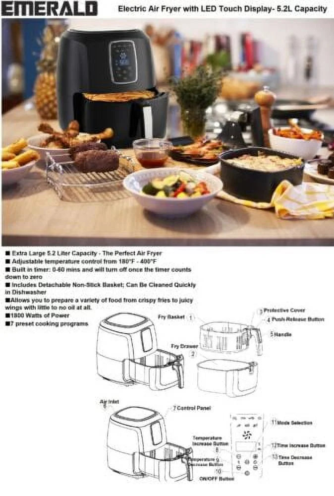 5.5 Quart Air Fryer Black with Digital LED Touch Display Non-Stick Basket P402453