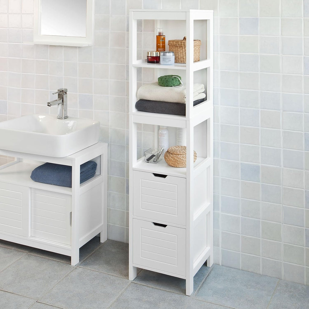 White Floor Standing Tall Bathroom Storage Cabinet with Shelves and Door A295176