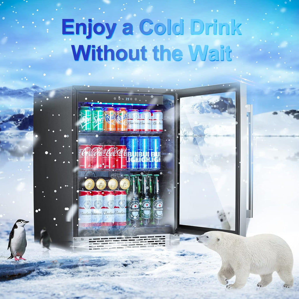 24'' 140 can Stainless Steel Beverage Refrigerator with Reversible Double-Layer Tempered Glass Door J436374