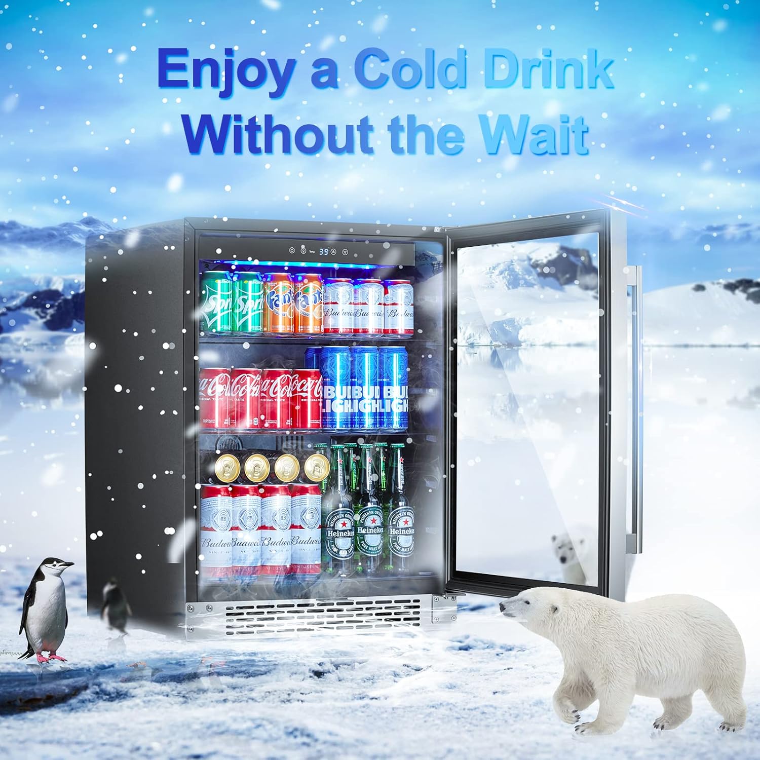 24'' 140 can Stainless Steel Beverage Refrigerator with Reversible Double-Layer Tempered Glass Door J436374