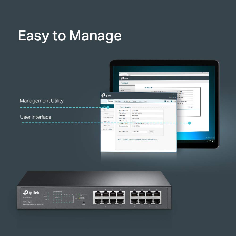 16 Port Gigabit PoE Switch, 8 PoE+ Ports, 150W, Metal U41986