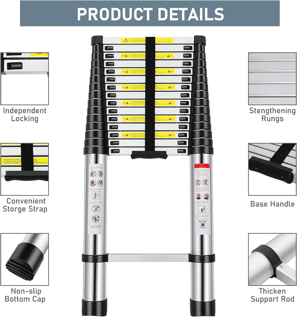 Telescoping Ladder 16.5FT Aluminum Alloy Folding Ladder, 330 lbs Load I67026