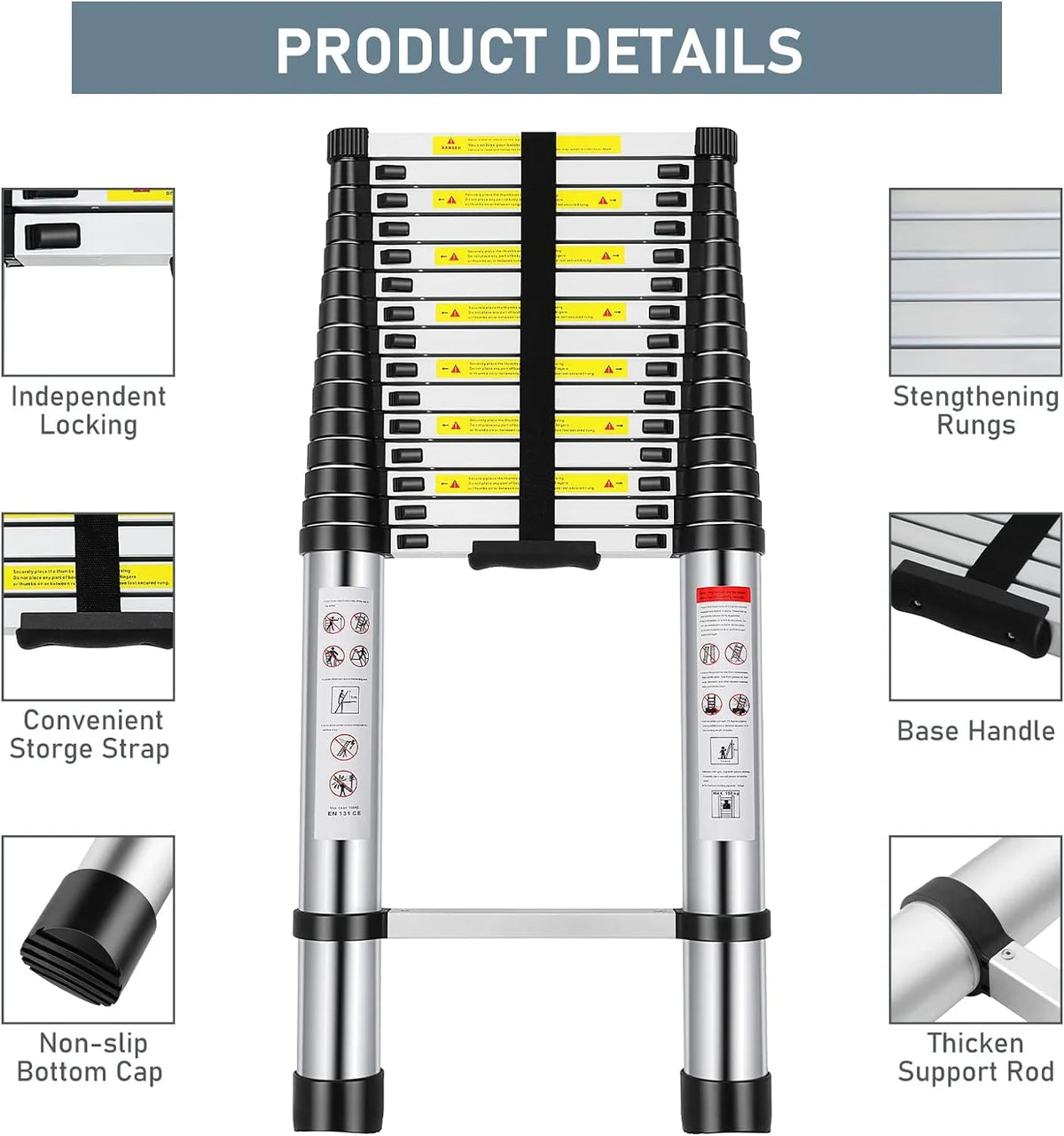 Telescoping Ladder 16.5FT Aluminum Alloy Folding Ladder, 330 lbs Load I67026