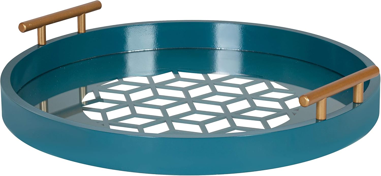 Navy and Gold Round Decorative Tray with Metal Handles, 15.5, Pack of 2 C7126