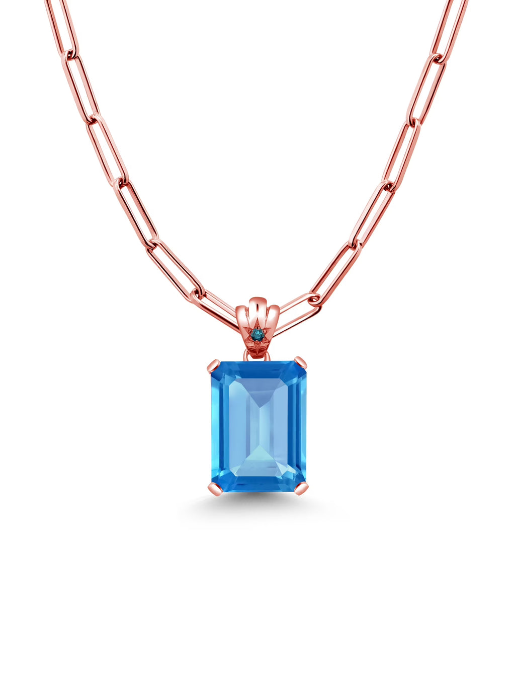 Swiss Blue Topaz Blue Diamond 18K Rose Gold Plated Silver Pendant with Paperclip Link Chain 18 inch with 2 inch Extender C8876