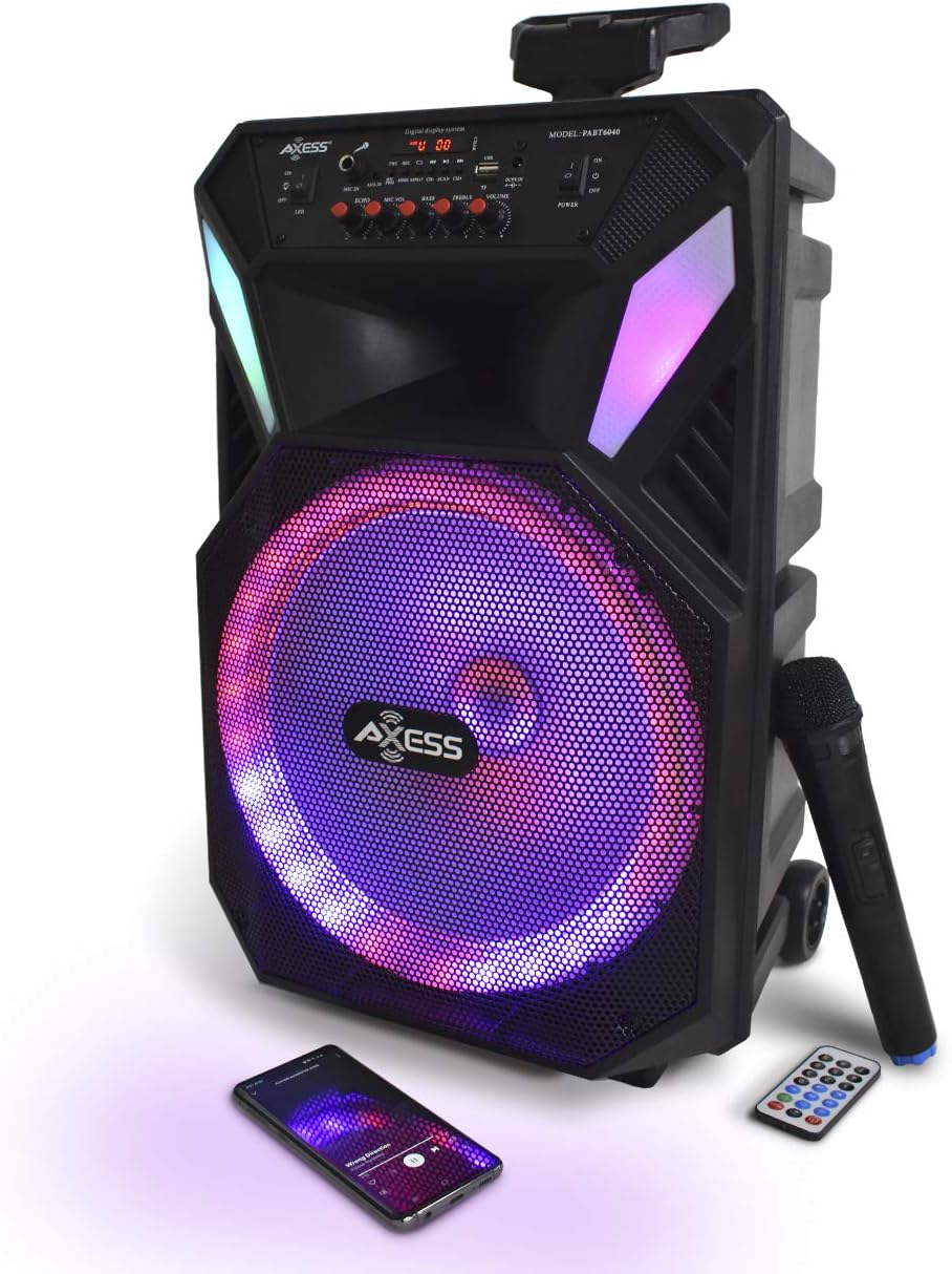 Bluetooth Speaker with 12” Woofer & 1.5 Tweeter, Portable PA Speaker with LED Lights, Wireless Mic, USB AUX TF Card FM & MIC R6227