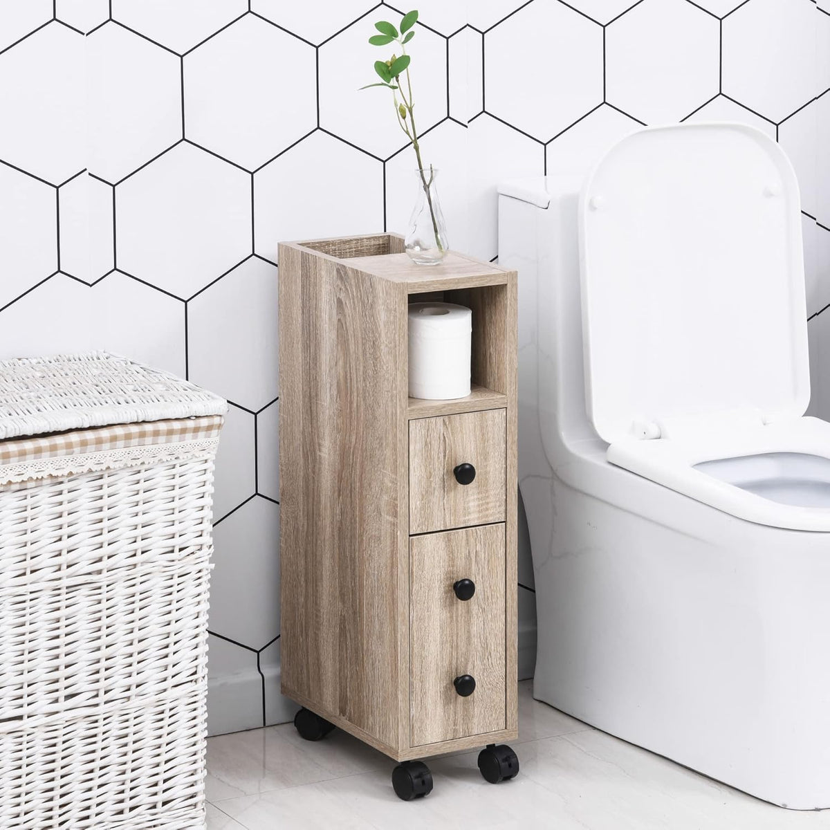 Oak Grain Freestanding Bathroom Cabinet with 2 Open Cabinets, 1 Door Cabinet, 1 Drawer and 4 Rolling Wheels W9087