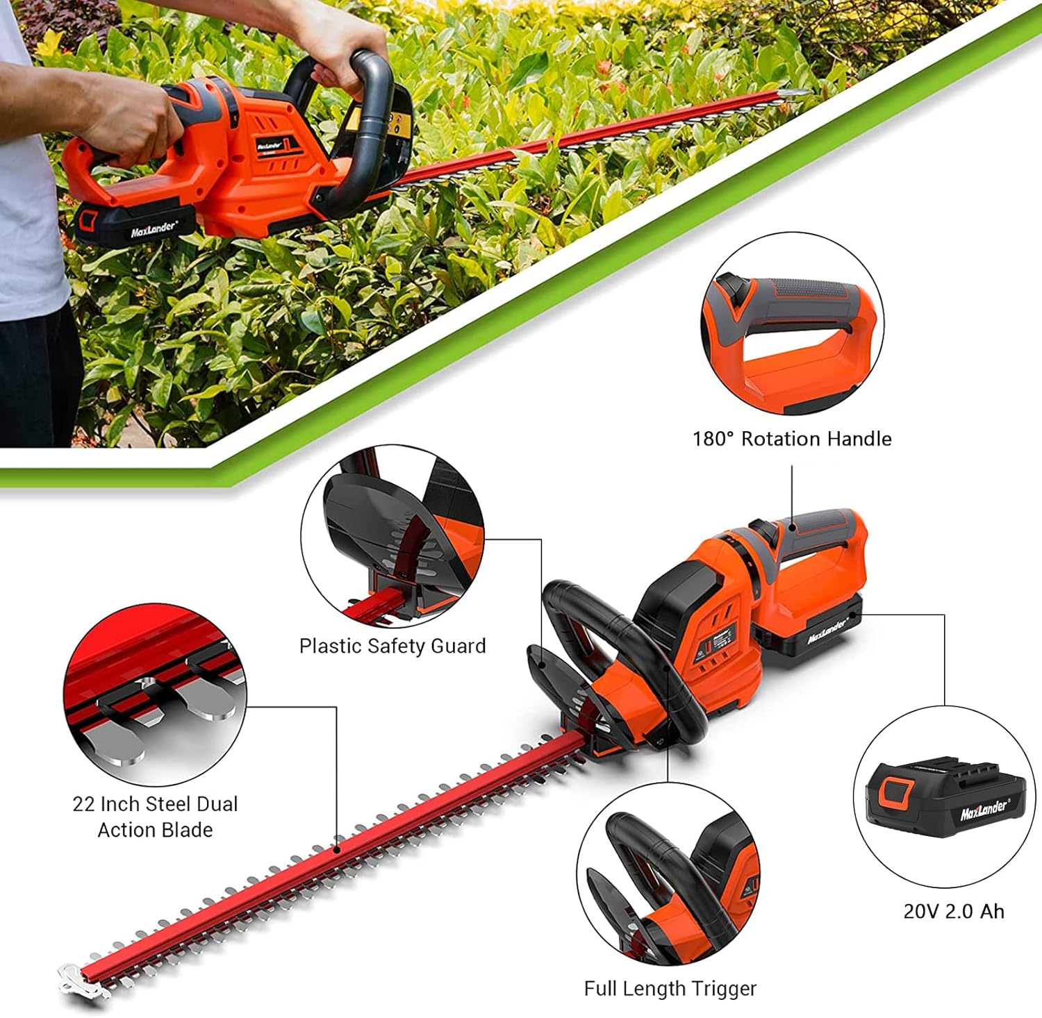 Cordless Hedge Trimmer with 22” Dual-Action Blade, 20V 2.0Ah Battery and Fast Charger U109183