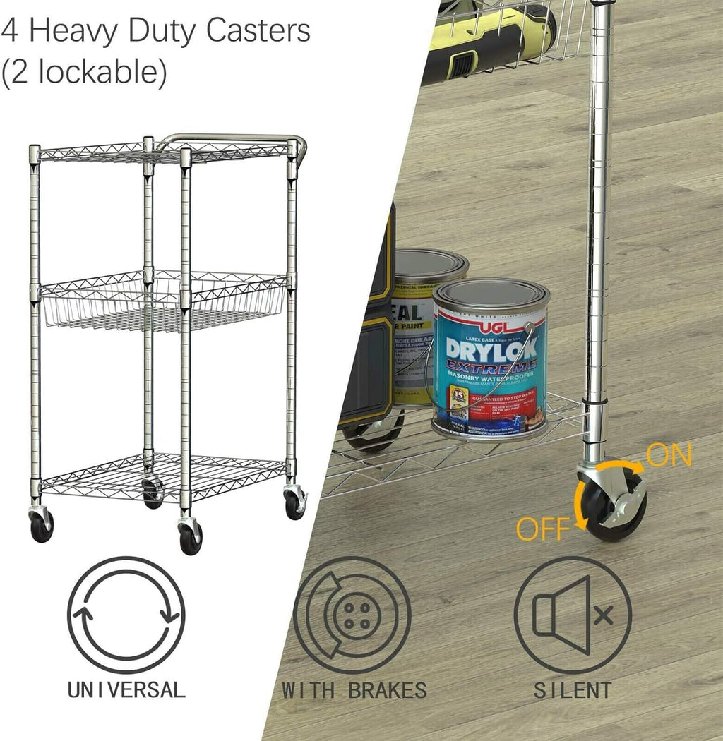 3-Tier Silver Steel Rolling Kitchen Trolley Cart with Storage Shelves O963215