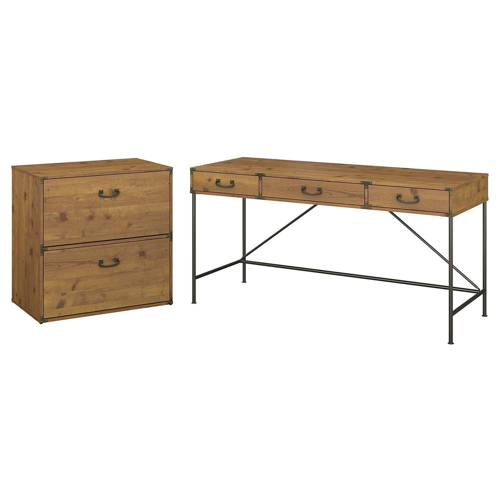 Vintage Golden Pine Writing Desk with Lateral File Cabinet V587805