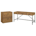 Vintage Golden Pine Writing Desk with Lateral File Cabinet V587805